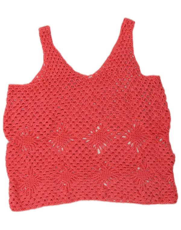 Vintage Womens See Through Crochet Vest Top UK 14 Medium Pink Floral