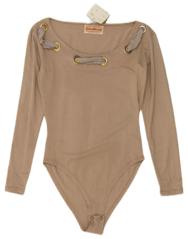 Body vintage da donna a maniche lunghe UK 14 grande in viscosa beige