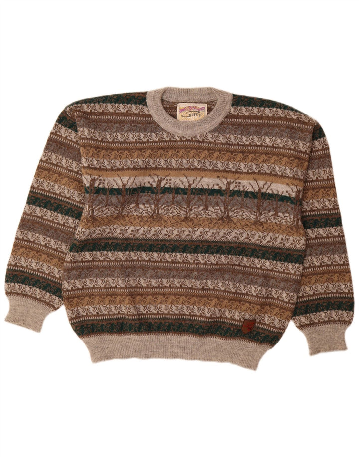 Maglione maglione girocollo da uomo Silvy IT 48 Lana di alpaca Fair Isle grigio medio