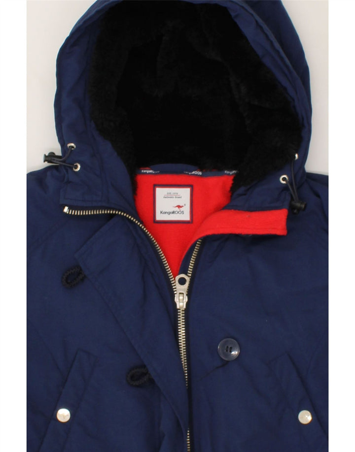 KANGAROOS Womens Graphic Hooded Padded Jacket UK 12 Medium Navy Blue Vintage Kangaroos and Second-Hand Kangaroos from Messina Hembry 