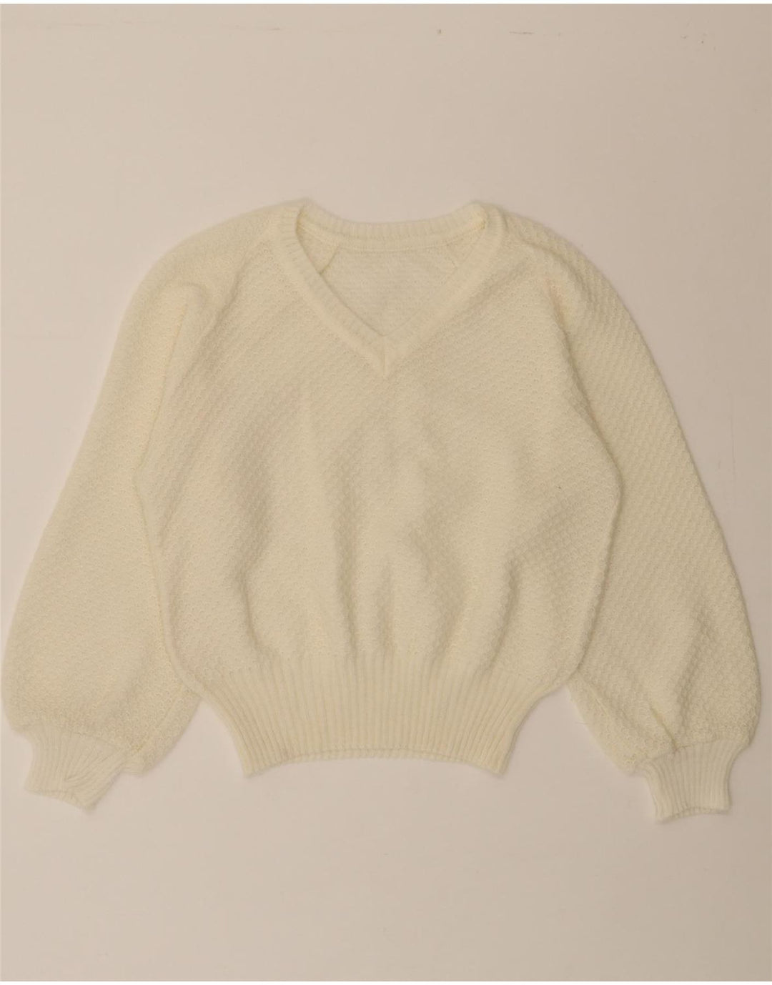 VINTAGE Womens Crop V-Neck Jumper Sweater UK 14 Medium Off White Vintage Vintage and Second-Hand Vintage from Messina Hembry 
