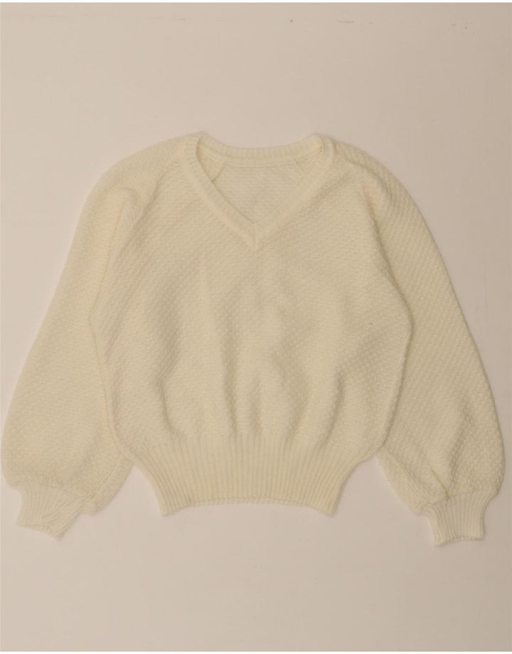 VINTAGE Womens Crop V-Neck Jumper Sweater UK 14 Medium Off White Vintage Vintage and Second-Hand Vintage from Messina Hembry 