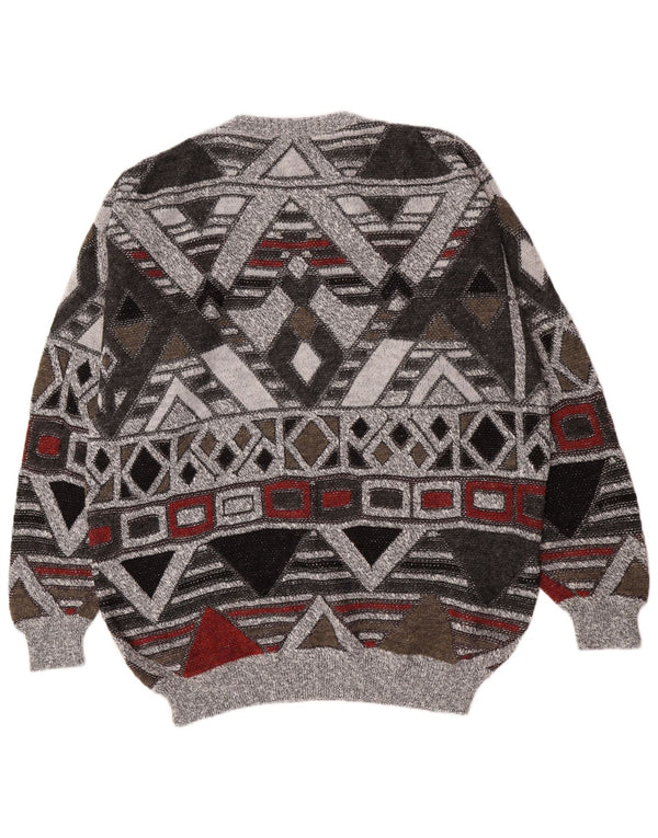Maglione maglione girocollo da uomo vintage UK 38/40 Grigio medio geometrico