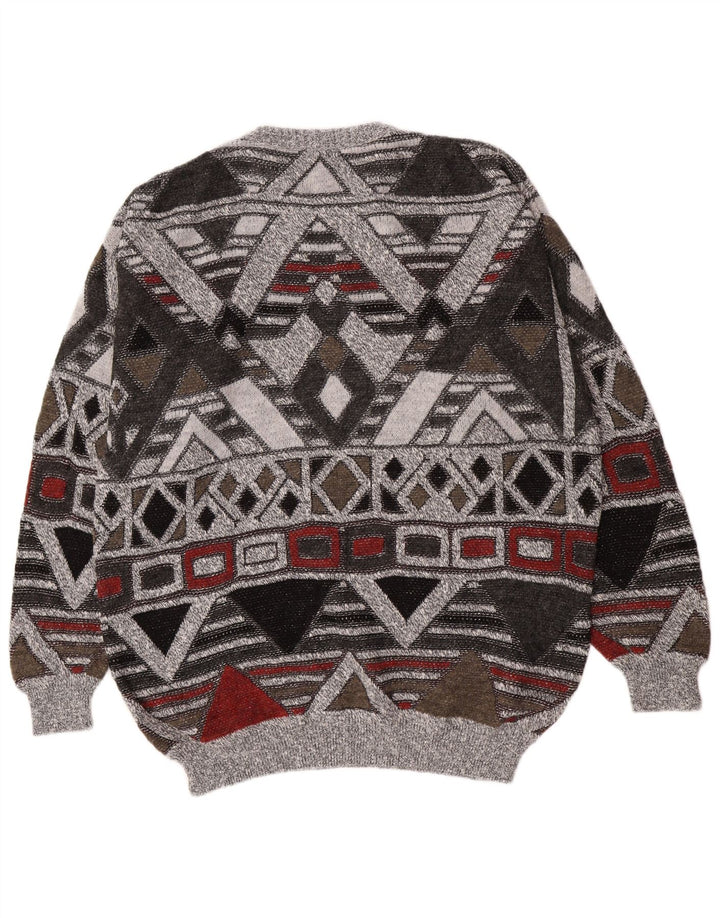 Maglione maglione girocollo da uomo vintage UK 38/40 Grigio medio geometrico