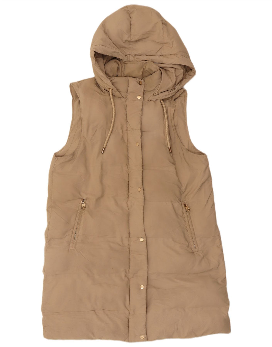Cappotto imbottito senza maniche con cappuccio da donna Zara UK 16 grande poliestere beige