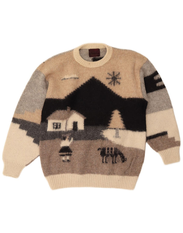 Maglione maglione girocollo da donna VINTAGE UK 14 Large Beige Colourblock