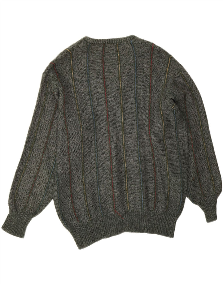 Maglione vintage da uomo con scollo a V XL a righe kaki