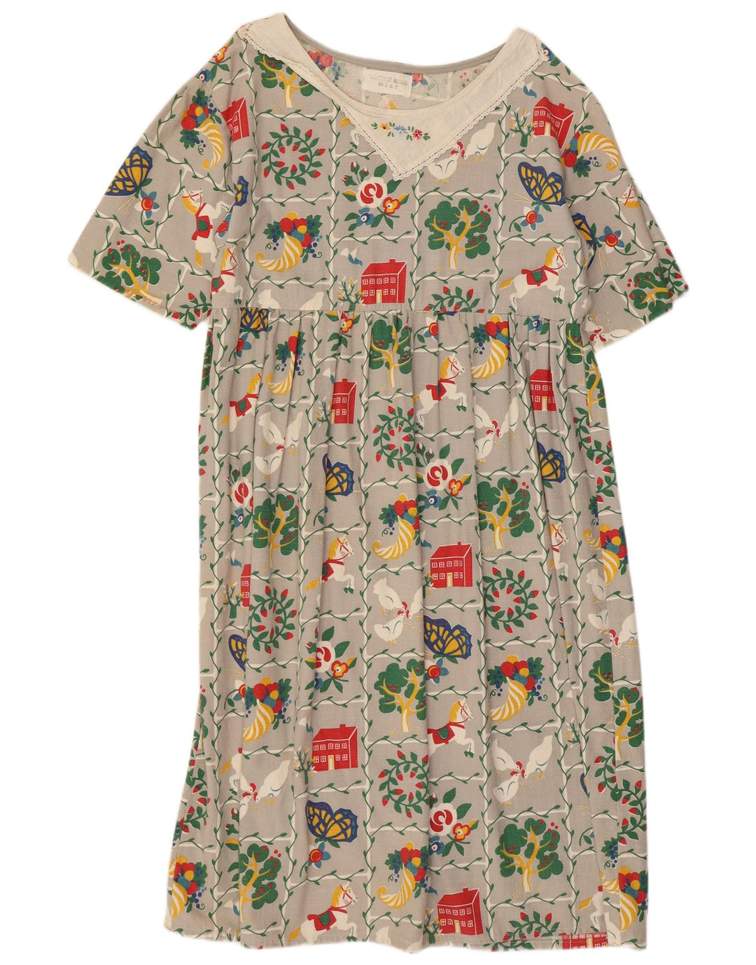 Abito a trapezio grafico da donna VINTAGE UK 16 Grande floreale grigio