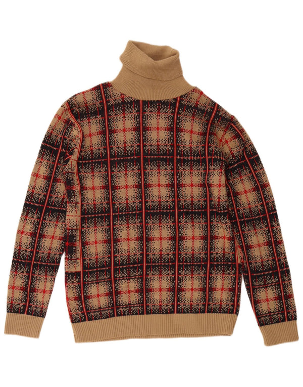 Maglione maglione vintage da donna con collo alto UK 18 XL lana a quadri marrone