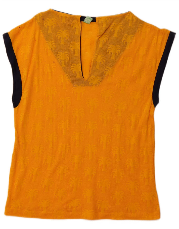 VINTAGE Womens See Through Top UK 12 Medium Orange Floral Cotton