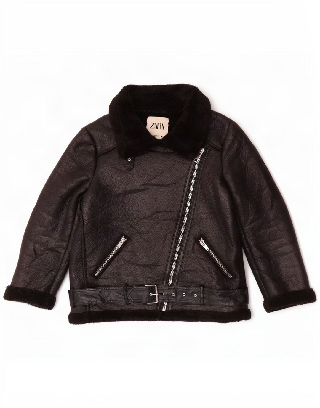 Giacca da motociclista in ecopelle Sherpa da donna Zara UK 14 poliestere nero medio