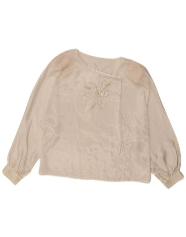 Top camicetta a maniche lunghe da donna vintage UK 16 grande poliestere floreale bianco