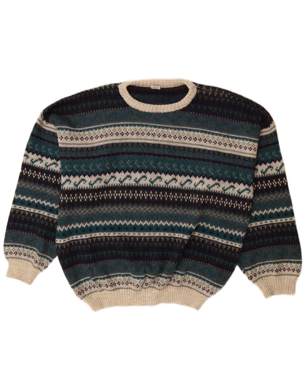 Maglione vintage da uomo con scollo a barca IT 52 Large Green Fair Isle acrilico