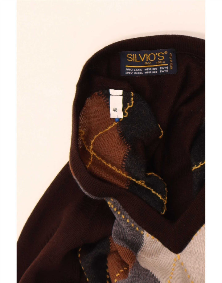 Maglione vintage da uomo con scollo a V IT 48 Marrone medio a rombi/diamante