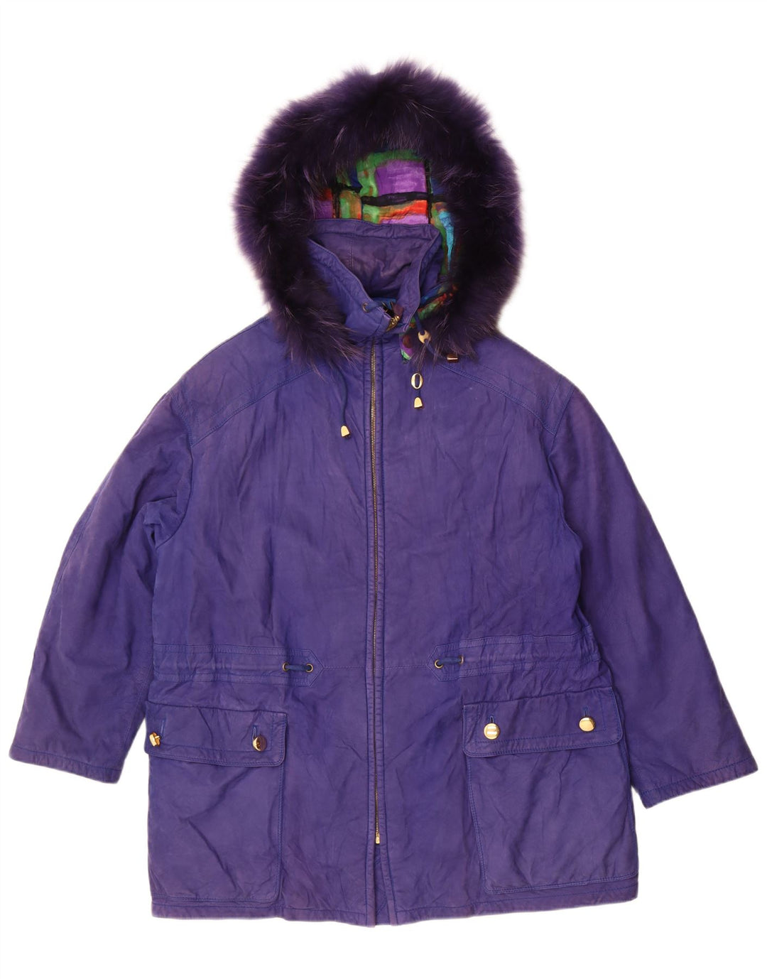 Giacca parka con cappuccio da donna vintage UK 14 grande viola