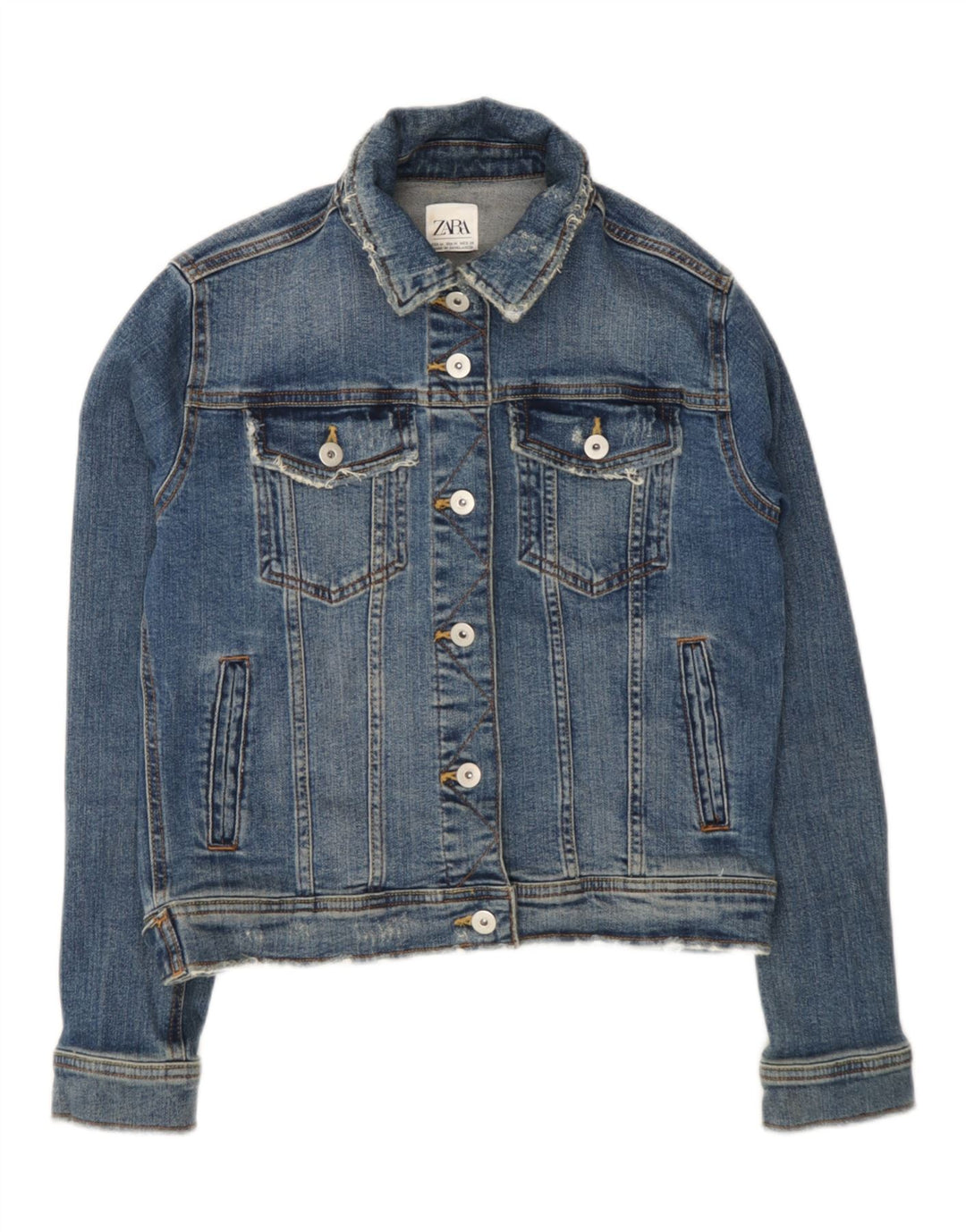 ZARA Womens Distressed Denim Jacket UK 12 Medium Blue Cotton Vintage Zara and Second-Hand Zara from Messina Hembry 