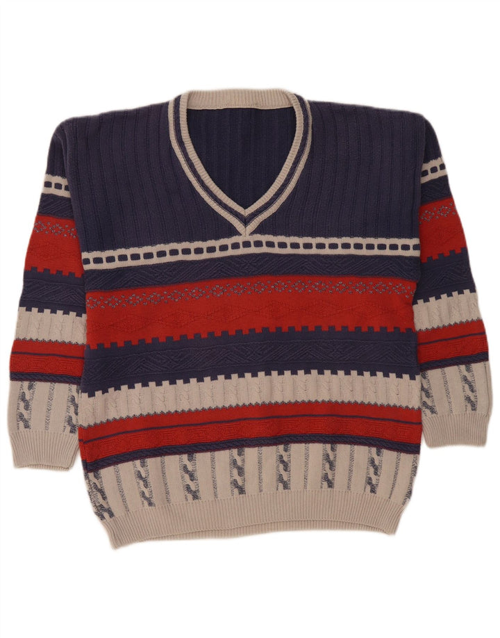 Maglione vintage da uomo con scollo a V piccolo color block blu navy