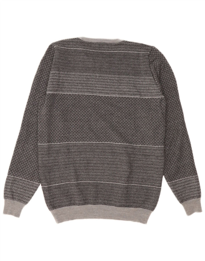 Maglione girocollo da uomo vintage in lana vergine a righe piccole grigie