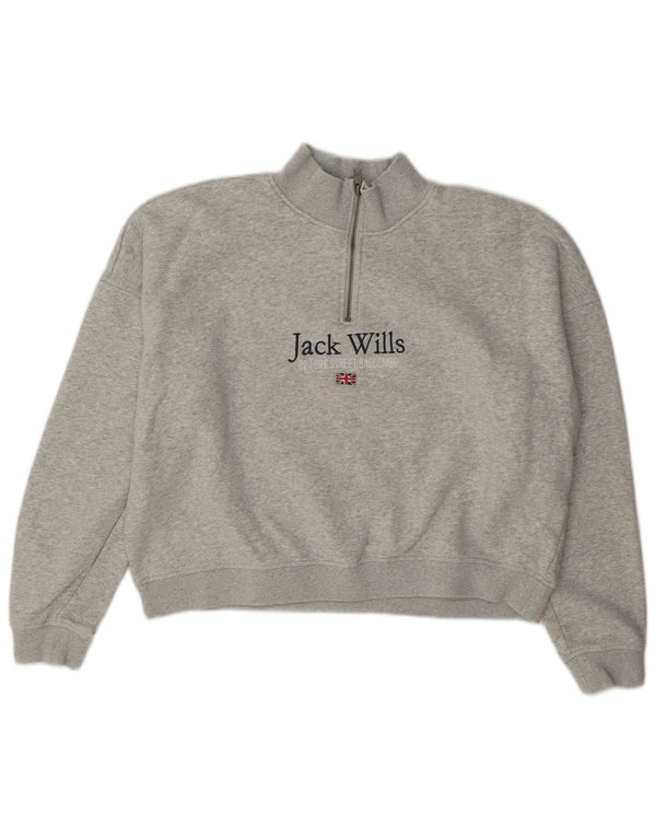 Felpa con collo con zip e grafica corta da donna Jack Wills, maglione UK 14, grande grigio