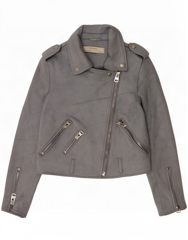Giacca da motociclista in pelle scamosciata sintetica corta militare da donna Zara UK 6 XS poliestere grigio