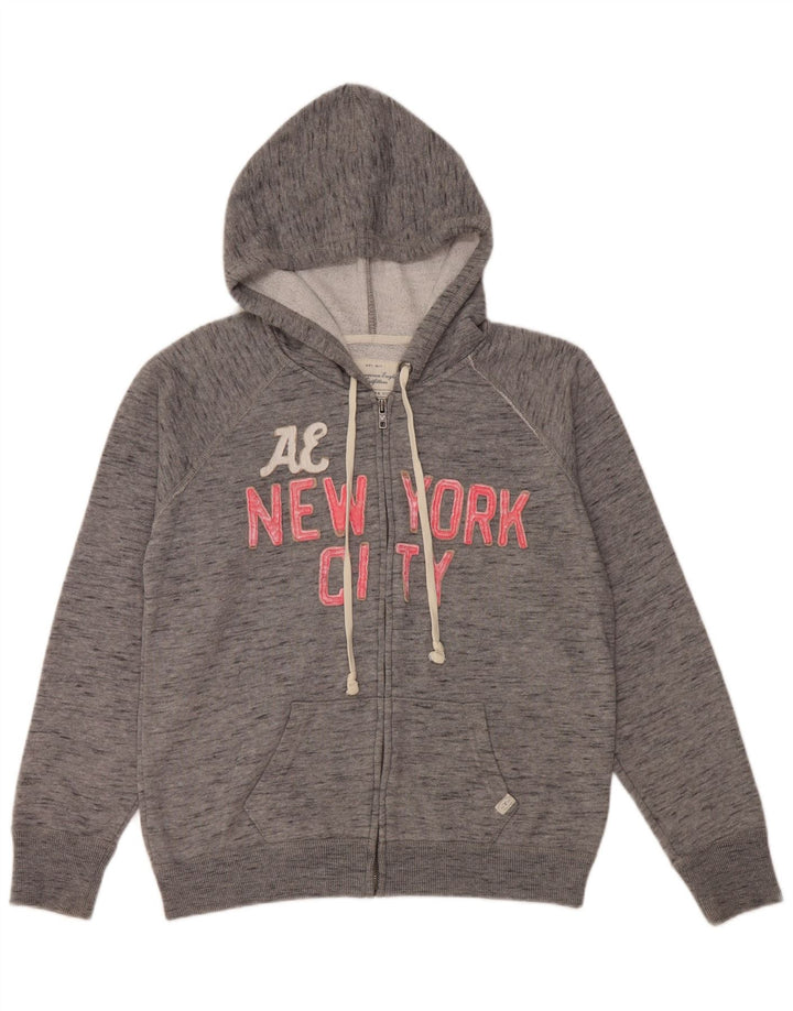 AMERICAN EAGLE Felpa con cappuccio e zip grafica da donna UK 16 Grande grigio screziato