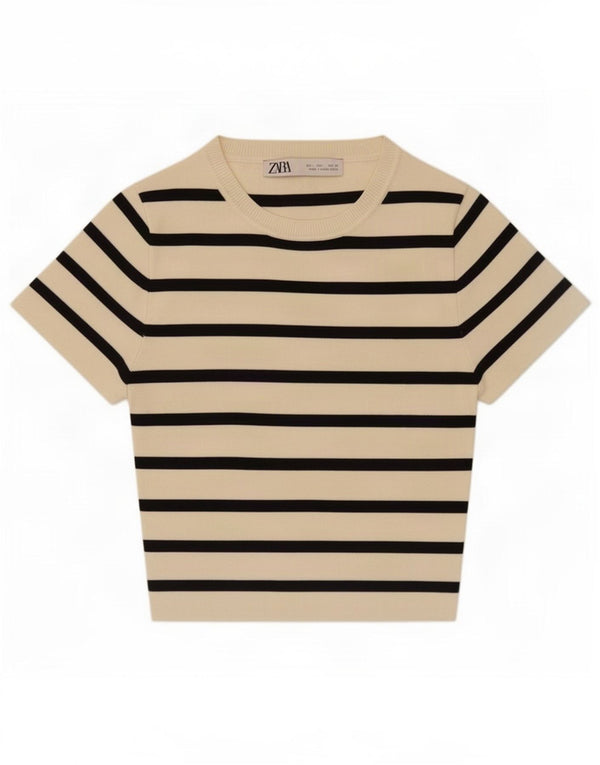 T-shirt corta da donna Zara UK 14 a righe grandi beige