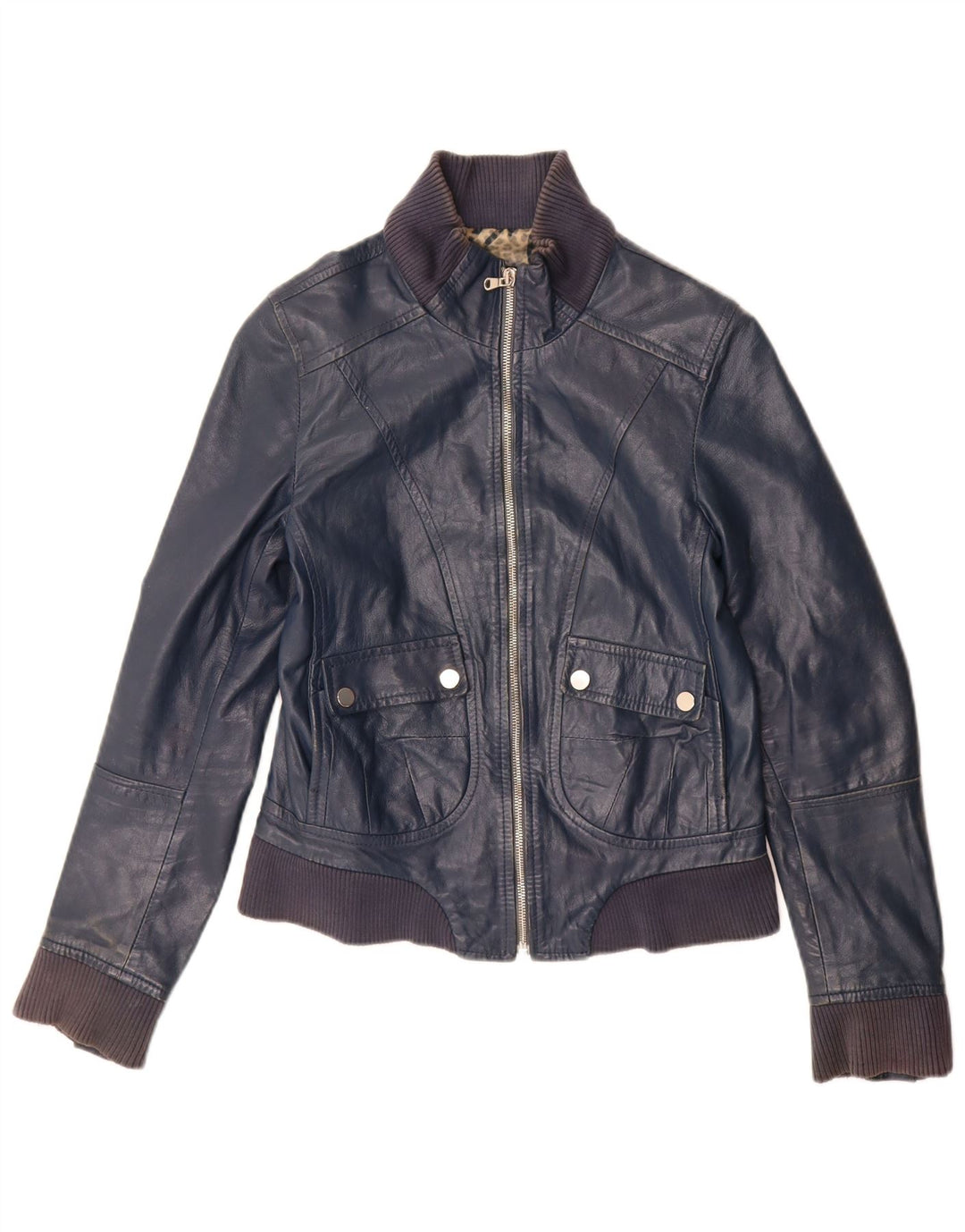 Giacca in pelle corta da donna vintage IT 44 media pelle blu navy