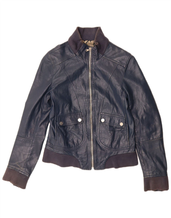 Giacca in pelle corta da donna vintage IT 44 media pelle blu navy