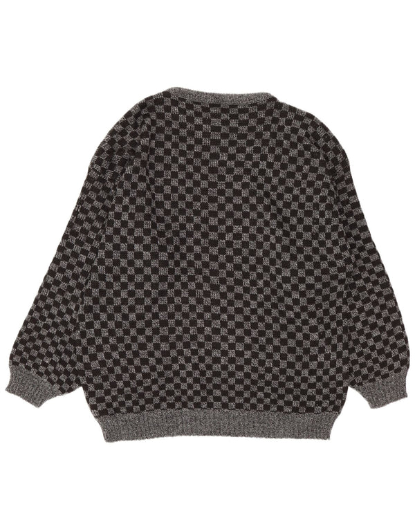 Maglione vintage da uomo con scollo a V, grande acrilico geometrico grigio