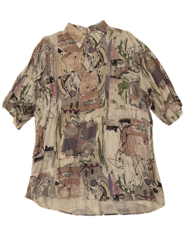 Camicia a maniche corte vintage da uomo con motivo astratto taglia 43/44 XL Beige