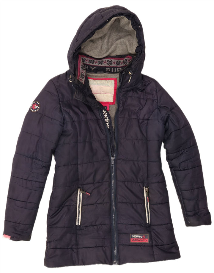 Cappotto imbottito con cappuccio grafico da donna Superdry UK 14 medio blu navy invernale