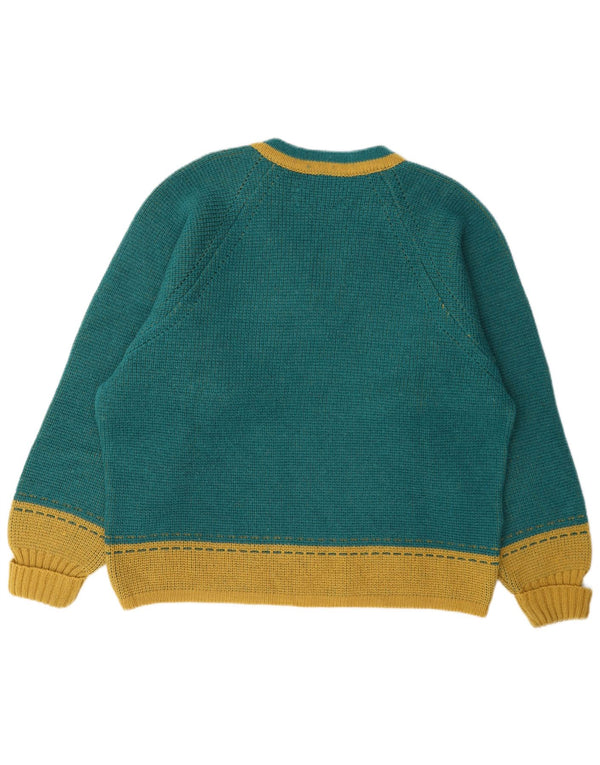Vintage Womens Graphic V-Neck Jumper Sweater UK 18 XL Green Colourblock