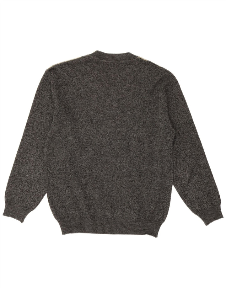 Maglione vintage da uomo con scollo a V in lana merino geometrica grigio medio