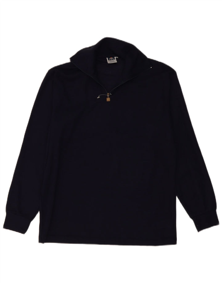 Maglione vintage da uomo con zip e collo IT 50 medio in lana blu navy