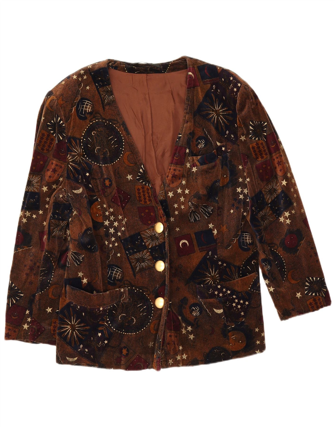 Giacca blazer vintage da donna in velluto a 3 bottoni UK 14 marrone medio geometrico