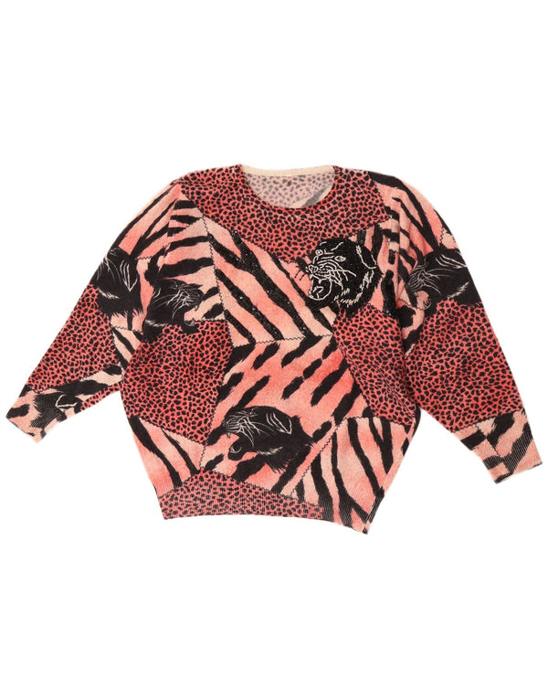 Maglione maglione girocollo da donna vintage UK 16 grande stampa animalier rosa