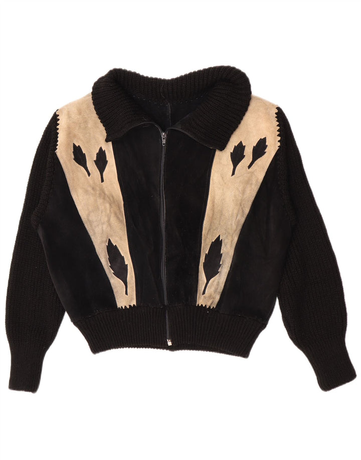 Giacca bomber scamosciata da donna vintage UK 16 grande color block nero