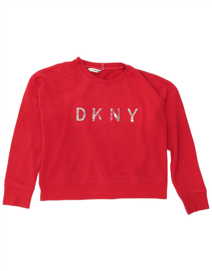 Felpa grafica corta da donna DKNY maglione UK 14 grande cotone rosso