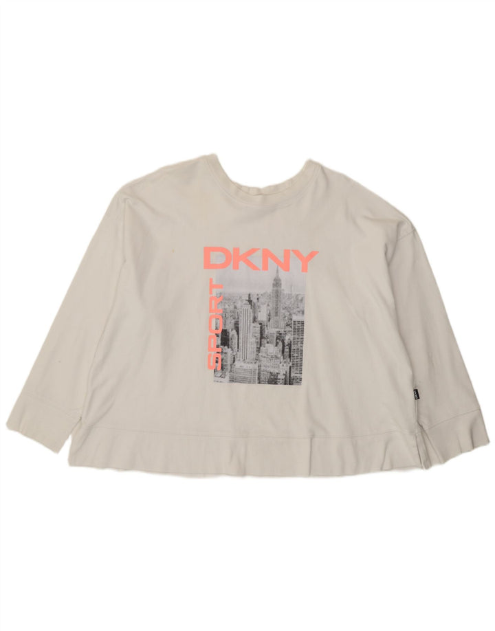 Dkny Top grafico oversize da donna a maniche lunghe UK 14 Cotone bianco medio