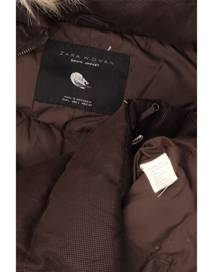 Giacca imbottita con cappuccio da donna Zara UK 40 grande marrone poliestere