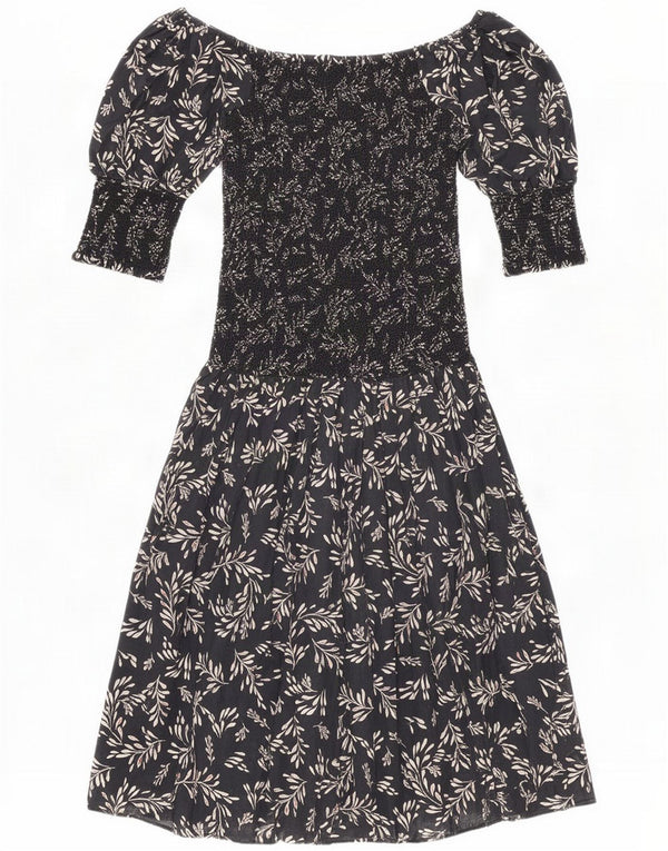 Zara Womens 3/4 Sleeve Off Shoulder Dress UK 6 XS Black Floral Polyester