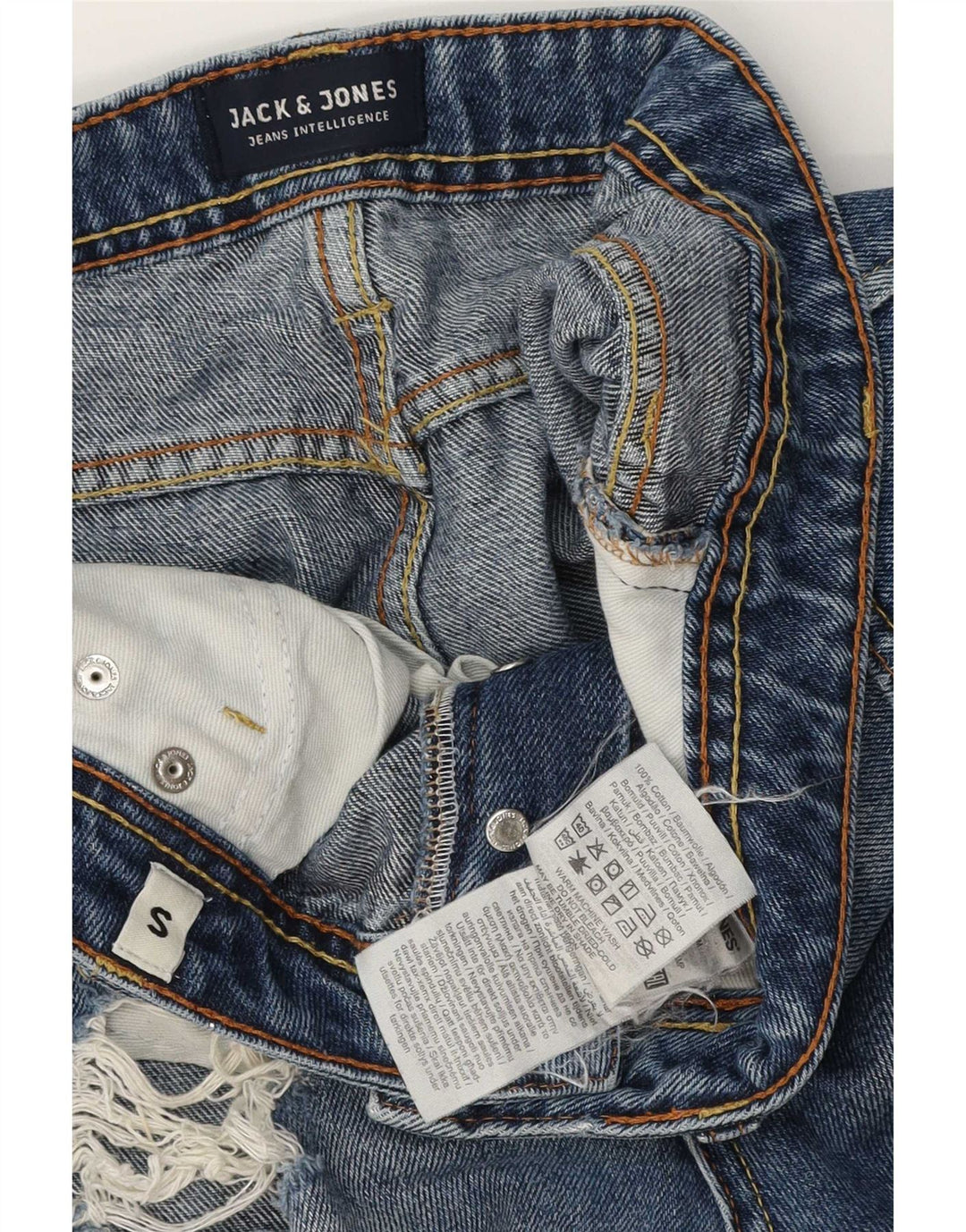 Jack & Jones Pantaloncini di jeans vestibilità regolare invecchiati da uomo piccoli W28 cotone blu