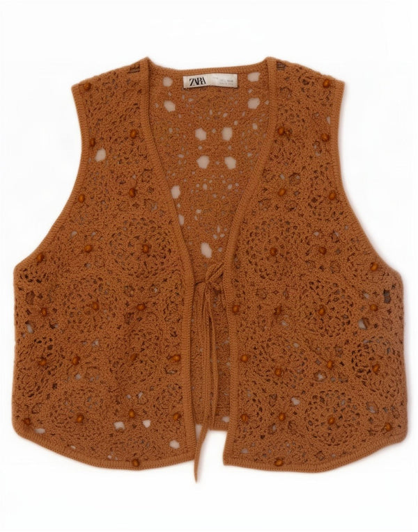 Gilet all'uncinetto da donna Zara UK 12 Cotone beige medio