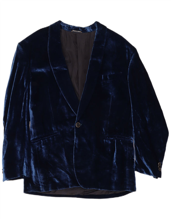 Giacca blazer in velluto a 1 bottone vintage da uomo UK 38 blu navy medio