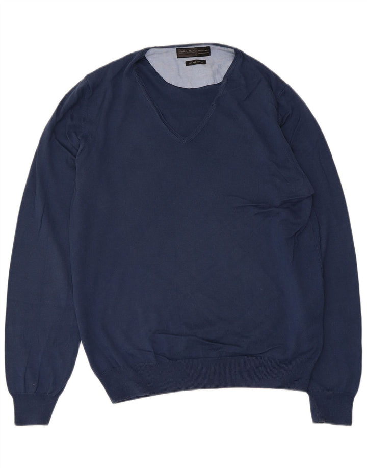 Maglione Zara da uomo con scollo a V grande in cotone blu navy