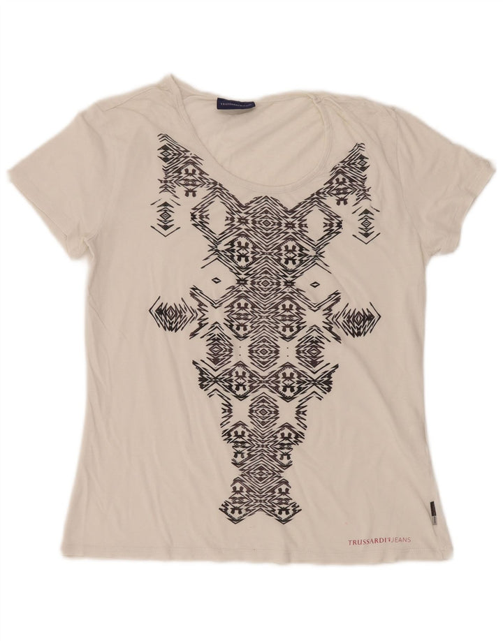 TRUSSARDI JEANS T-shirt grafica da donna Top UK 14 Large White geometrica