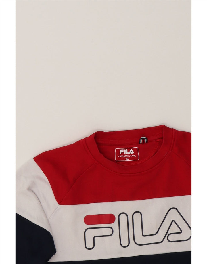 FILA Boys Graphic Sweatshirt Jumper 11-12 Years Navy Blue Colourblock Vintage Fila and Second-Hand Fila from Messina Hembry 