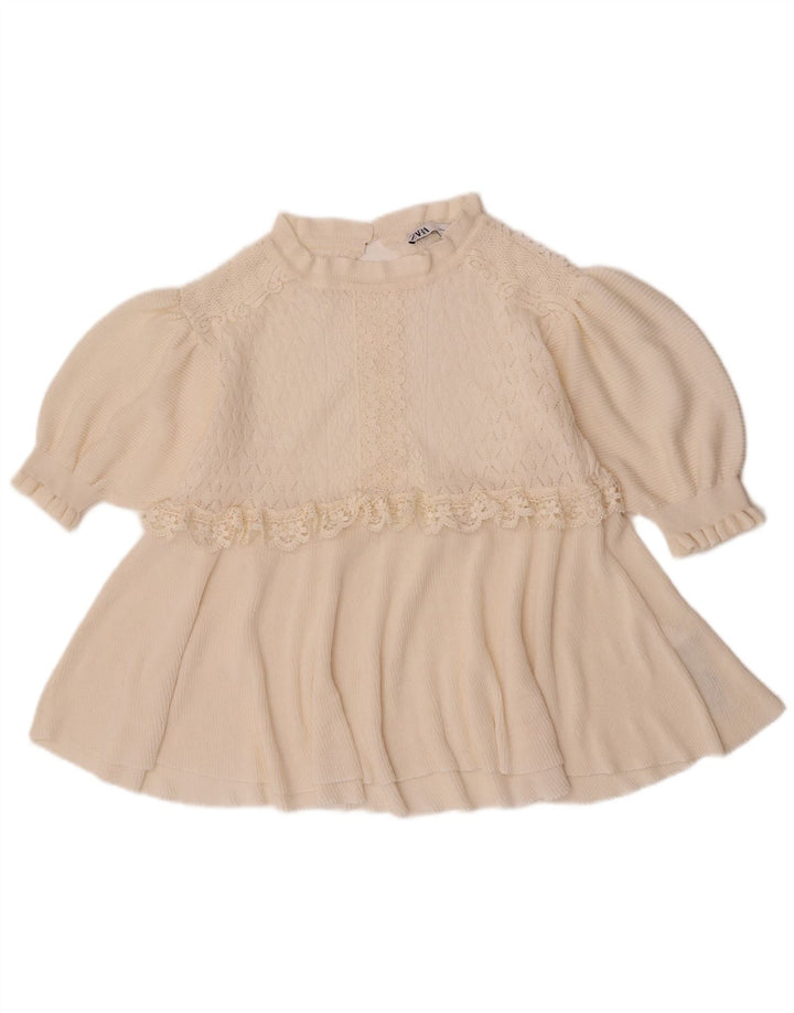 Top Zara da donna con maniche a 3/4, taglia UK 12, poliestere floreale bianco sporco medio