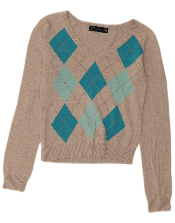 Maglione corto con scollo a V da donna Zara UK 10 piccolo beige a rombi/diamante