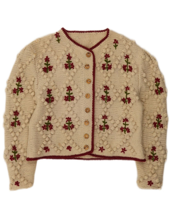 Maglione cardigan corto da donna vintage UK 6 XS bianco sporco floreale
